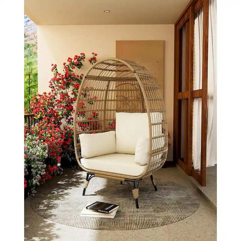 Oversize Wicker Egg Chair Outdoor with Steel Frame, Egg Basket Lounge Chair with 4 Cushions