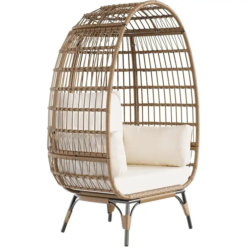 Oversize Wicker Egg Chair Outdoor with Steel Frame, Egg Basket Lounge Chair with 4 Cushions