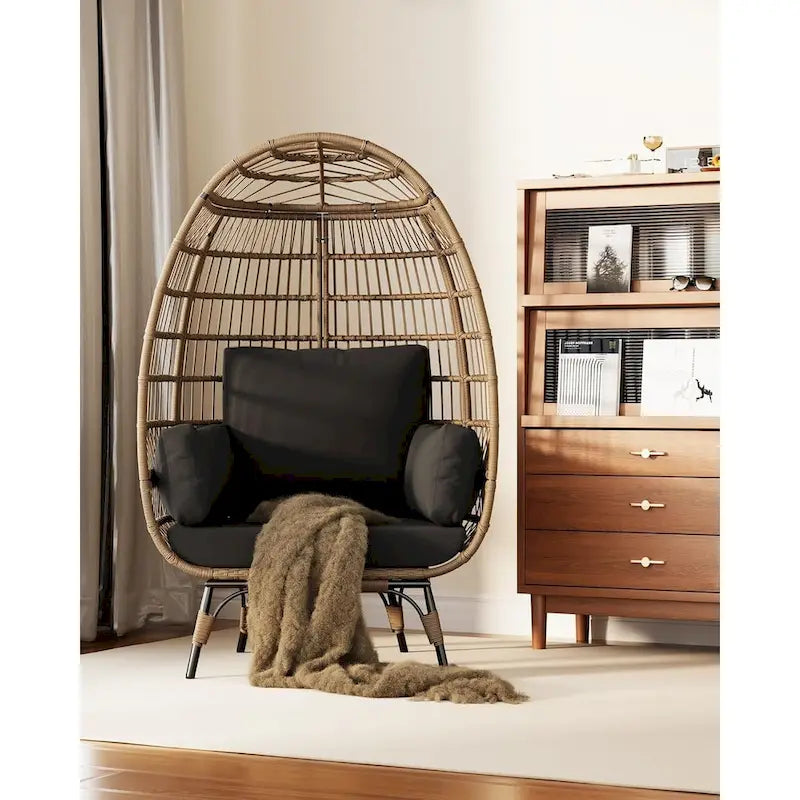 Oversize Wicker Egg Chair Outdoor with Steel Frame, Egg Basket Lounge Chair with 4 Cushions