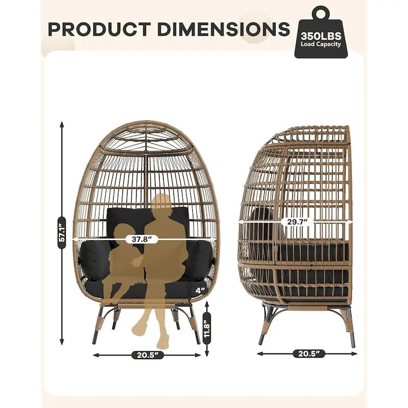 Oversize Wicker Egg Chair Outdoor with Steel Frame, Egg Basket Lounge Chair with 4 Cushions