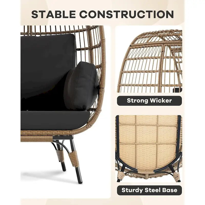 Oversize Wicker Egg Chair Outdoor with Steel Frame, Egg Basket Lounge Chair with 4 Cushions