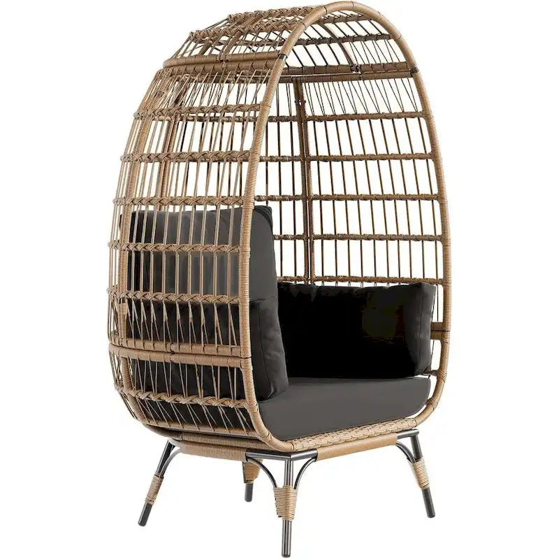 Oversize Wicker Egg Chair Outdoor with Steel Frame, Egg Basket Lounge Chair with 4 Cushions