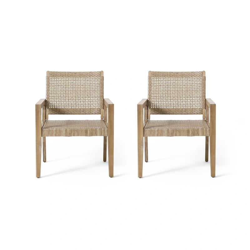 Roomfitters Set of 2 Outdoor Wicker and Acacia Wood Club Chairs with Cushions for Patio Seating, Natural
