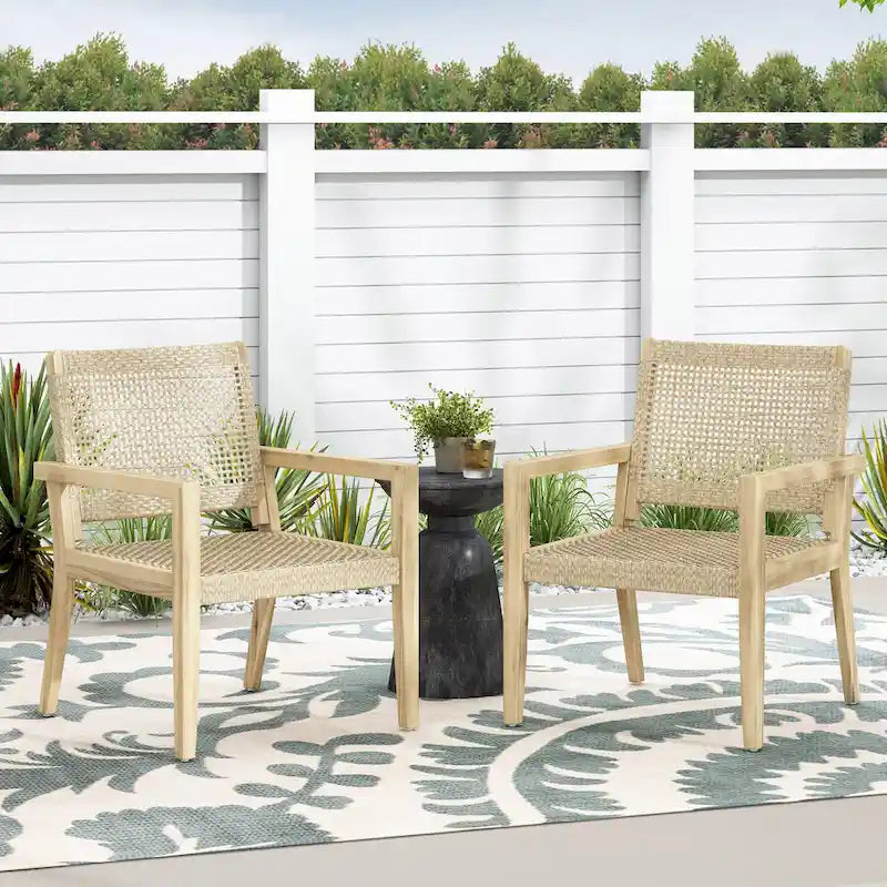 Roomfitters Set of 2 Outdoor Wicker and Acacia Wood Club Chairs with Cushions for Patio Seating, Natural