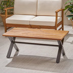 Roomfitters Outdoor Coffee Table, Rectangular Acacia Wood Top with X-Shaped Metal Legs, Natural+Black