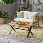 Roomfitters Outdoor Coffee Table, Rectangular Acacia Wood Top with X-Shaped Metal Legs, Natural+Black