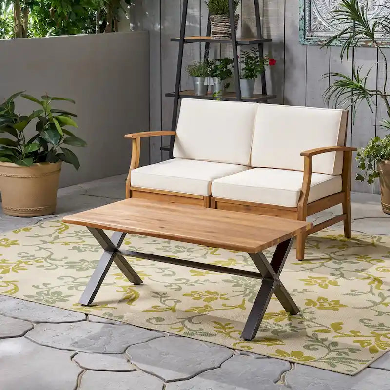 Roomfitters Outdoor Coffee Table, Rectangular Acacia Wood Top with X-Shaped Metal Legs, Natural+Black