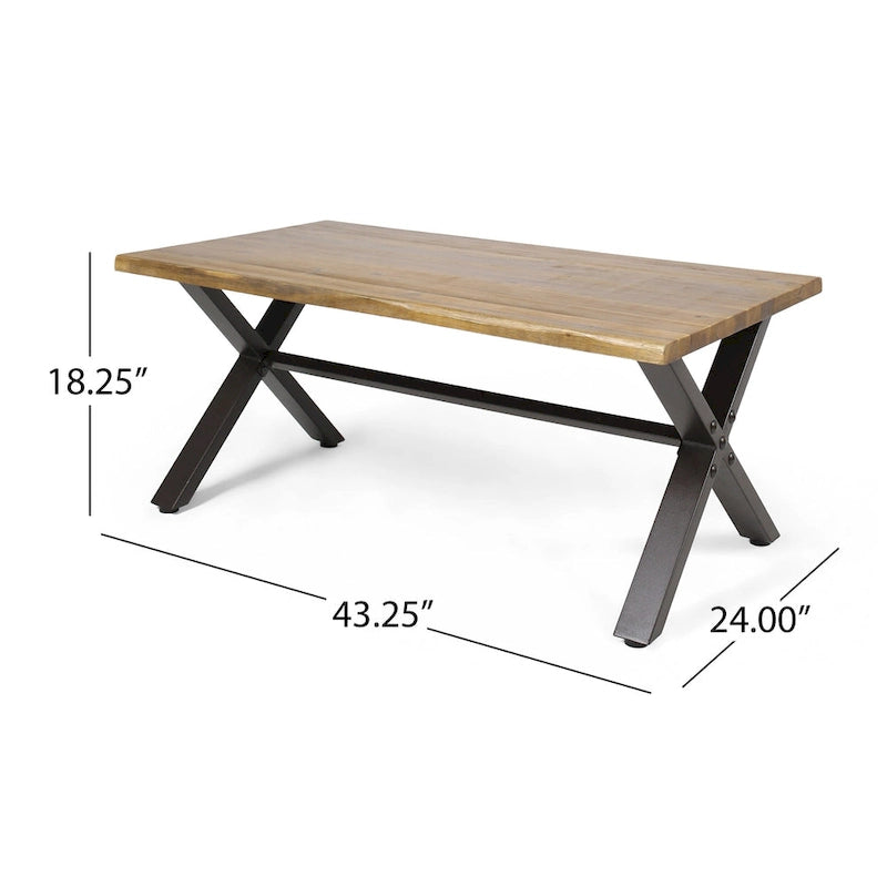 Roomfitters Outdoor Coffee Table, Rectangular Acacia Wood Top with X-Shaped Metal Legs, Natural+Black