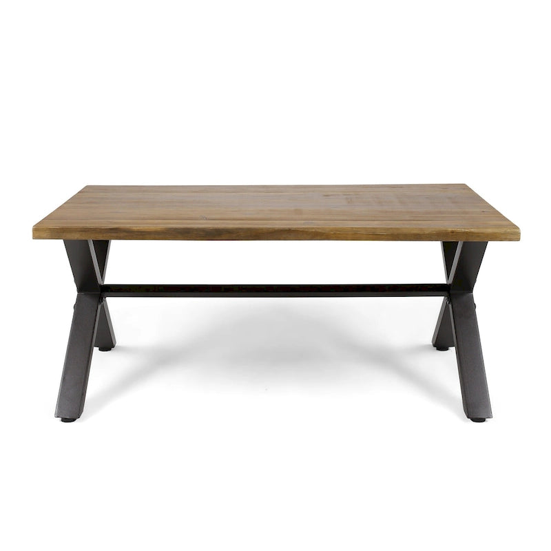 Roomfitters Outdoor Coffee Table, Rectangular Acacia Wood Top with X-Shaped Metal Legs, Natural+Black