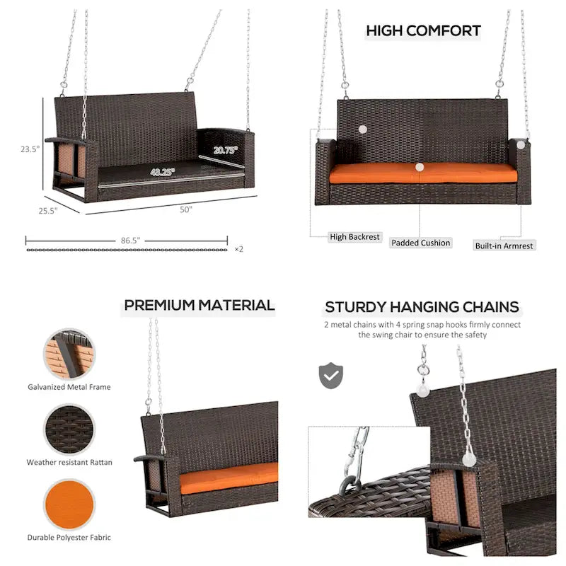 Outdoor Wicker Hanging Swing Bench with Metal Frame,550 lbs Capacity