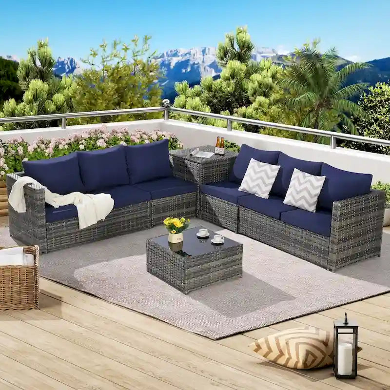 6-Piece Wicker Sectional Sofa Set with Corner & Glass Table