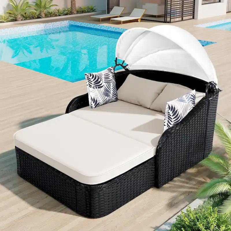 79.9 PE Rattan Daybed Sunbed with Adjustable Canopy