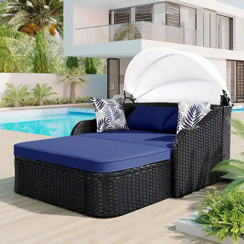 79.9 PE Rattan Daybed Sunbed with Adjustable Canopy