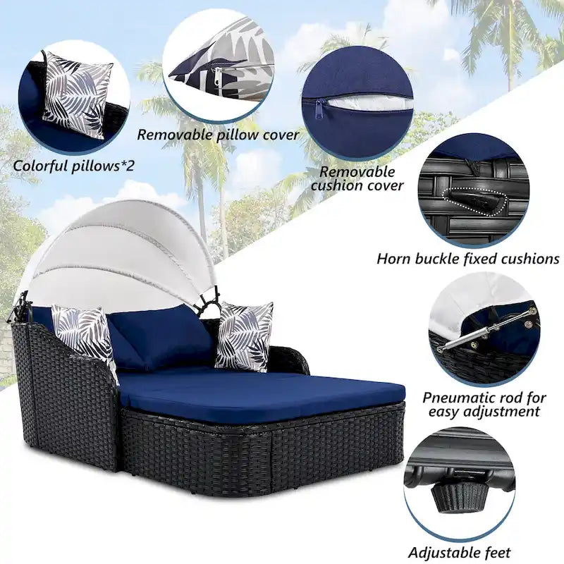 79.9 PE Rattan Daybed Sunbed with Adjustable Canopy