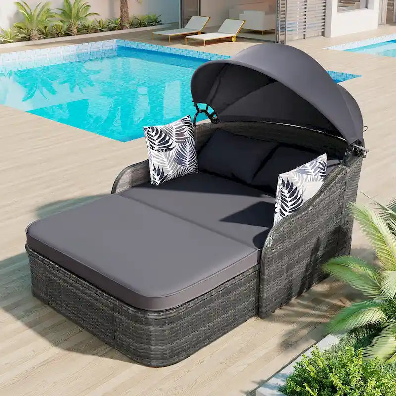 79.9 PE Rattan Daybed Sunbed with Adjustable Canopy