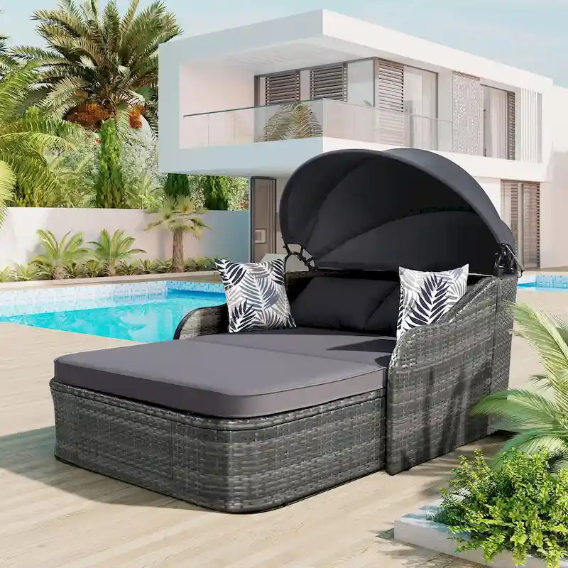 79.9 PE Rattan Daybed Sunbed with Adjustable Canopy