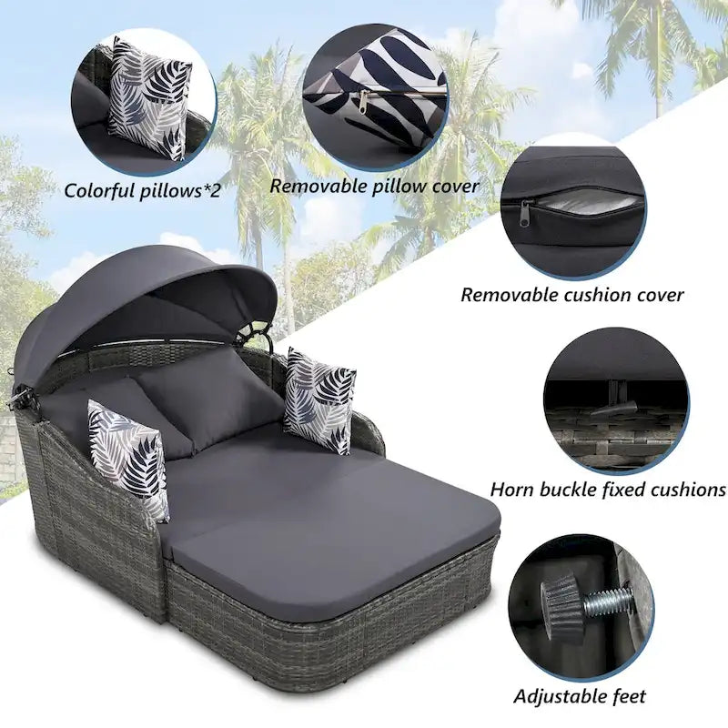 79.9 PE Rattan Daybed Sunbed with Adjustable Canopy