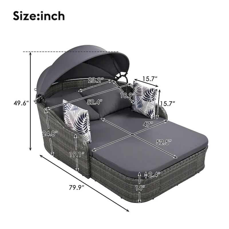 79.9 PE Rattan Daybed Sunbed with Adjustable Canopy