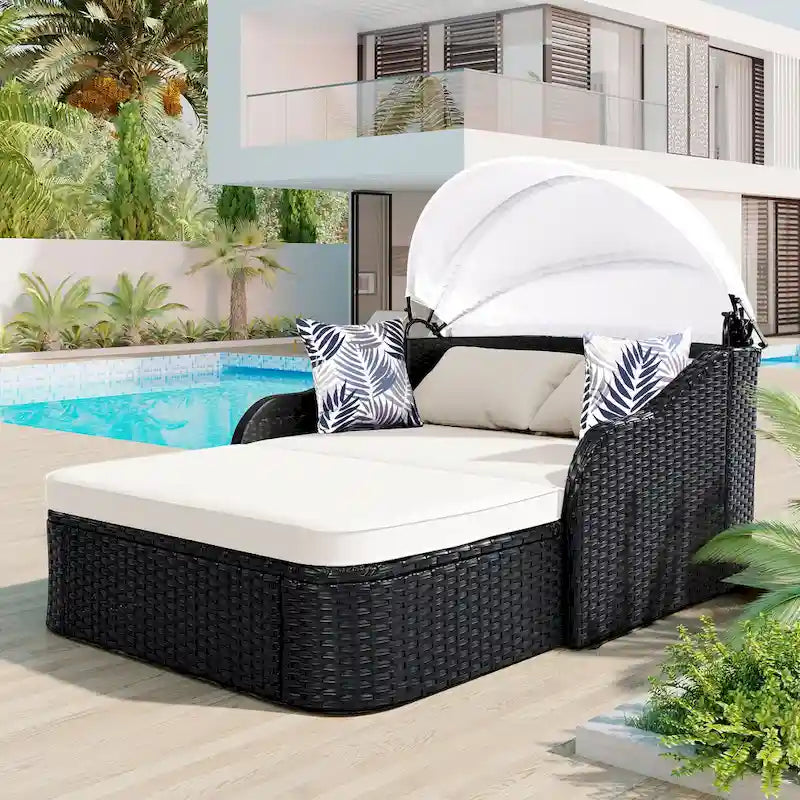 79.9 PE Rattan Daybed Sunbed with Adjustable Canopy