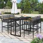 Roomfitters Iron Outdoor Dining Set with Acacia Wood Armrests for Patio, Balcony, Backyard