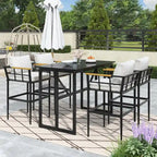 Roomfitters Iron Outdoor Dining Set with Acacia Wood Armrests for Patio, Balcony, Backyard