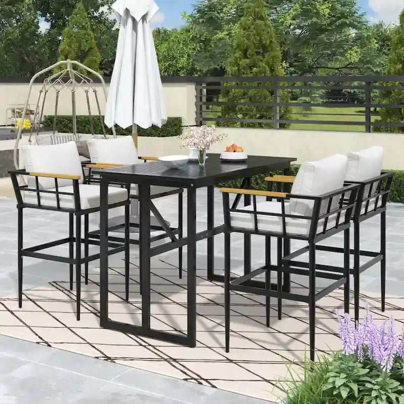 Roomfitters Iron Outdoor Dining Set with Acacia Wood Armrests for Patio, Balcony, Backyard