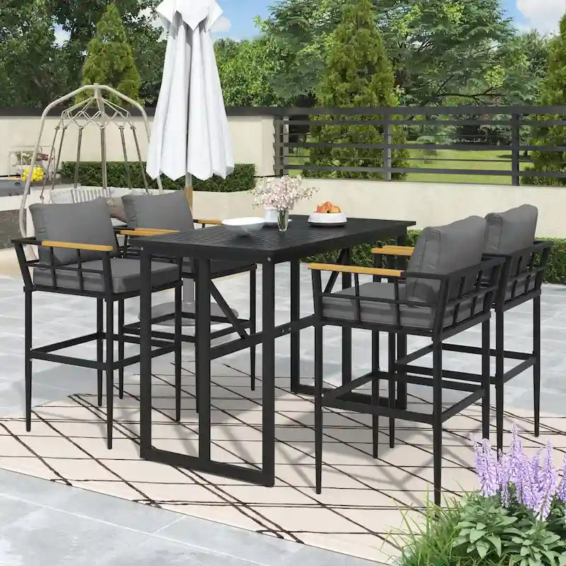 Roomfitters Iron Outdoor Dining Set with Acacia Wood Armrests for Patio, Balcony, Backyard