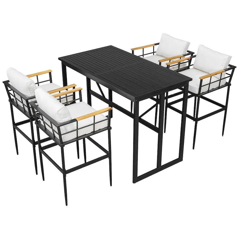 Roomfitters Iron Outdoor Dining Set with Acacia Wood Armrests for Patio, Balcony, Backyard