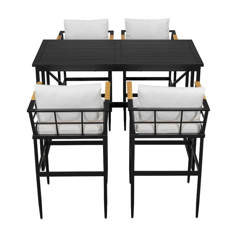 Roomfitters Iron Outdoor Dining Set with Acacia Wood Armrests for Patio, Balcony, Backyard