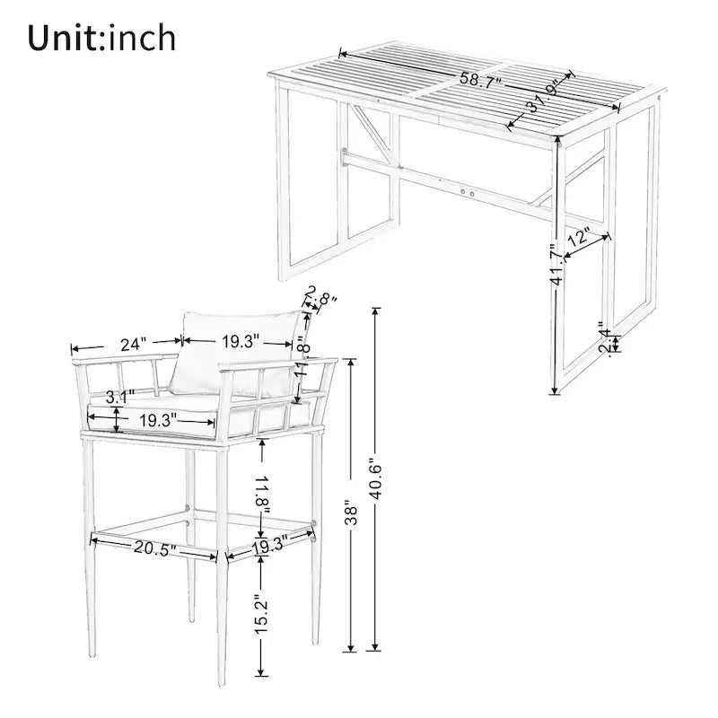 Roomfitters Iron Outdoor Dining Set with Acacia Wood Armrests for Patio, Balcony, Backyard