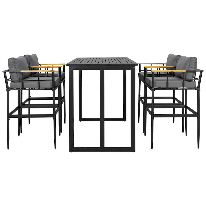 Roomfitters Iron Outdoor Dining Set with Acacia Wood Armrests for Patio, Balcony, Backyard