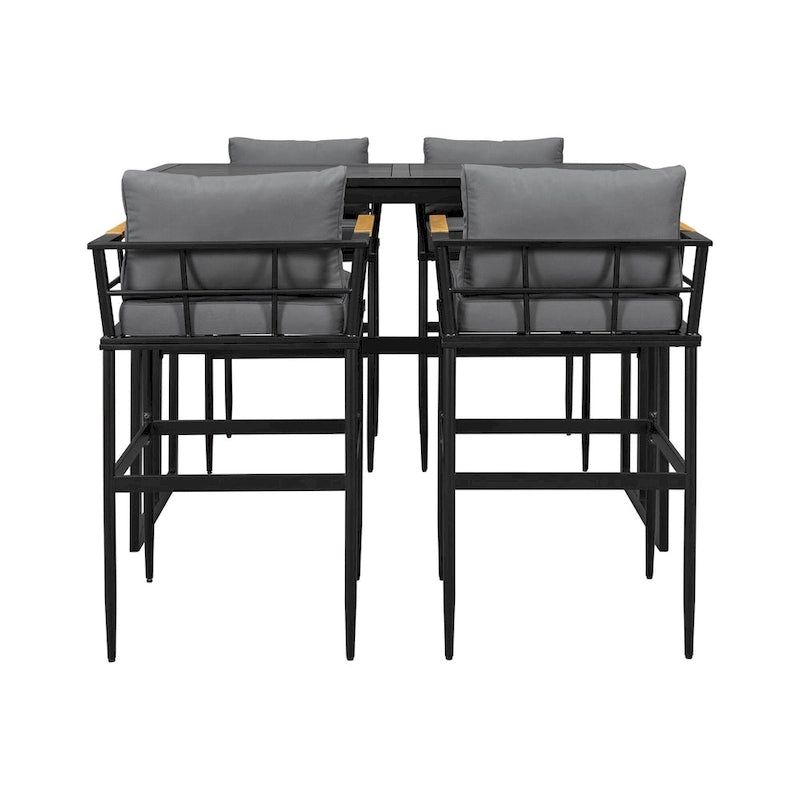Roomfitters Iron Outdoor Dining Set with Acacia Wood Armrests for Patio, Balcony, Backyard