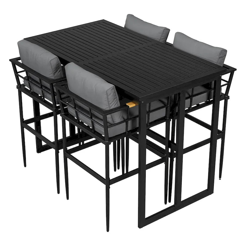 Roomfitters Iron Outdoor Dining Set with Acacia Wood Armrests for Patio, Balcony, Backyard