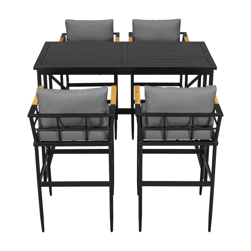 Roomfitters Iron Outdoor Dining Set with Acacia Wood Armrests for Patio, Balcony, Backyard