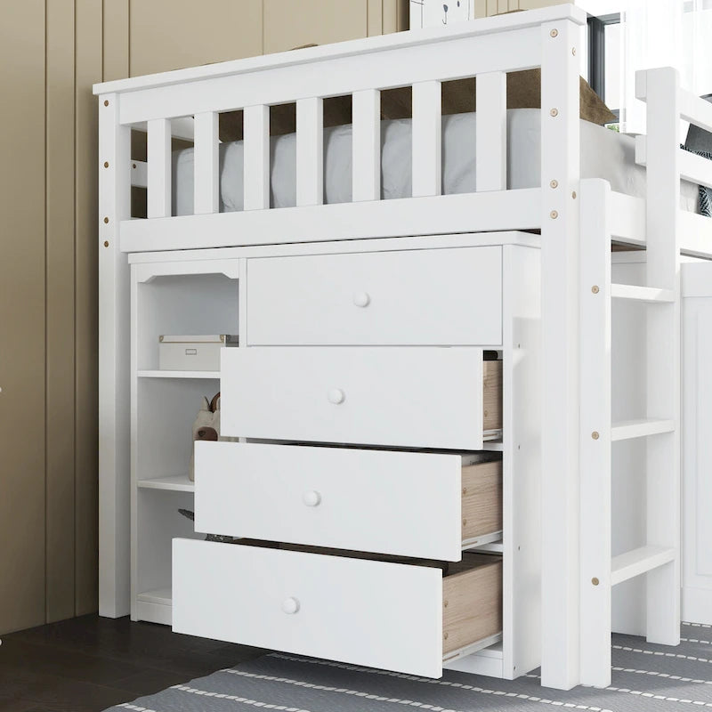 Twin Loft Bed with Pull-Out Desk, 2 Cabinets, 4 Drawers & Shelves