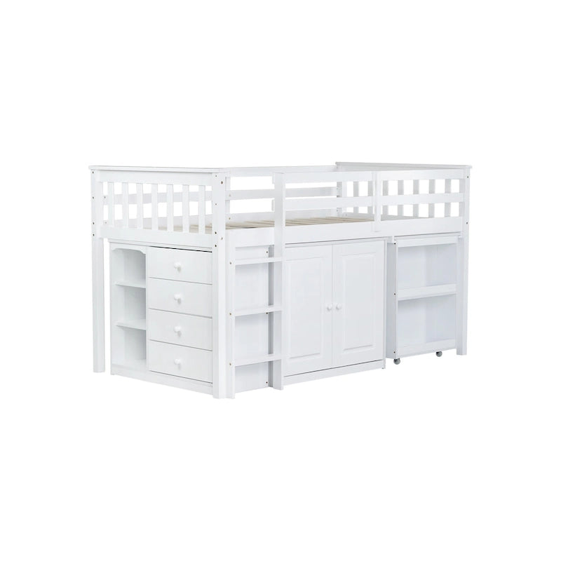 Twin Loft Bed with Pull-Out Desk, 2 Cabinets, 4 Drawers & Shelves