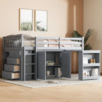 Twin Loft Bed with Pull-Out Desk, 2 Cabinets, 4 Drawers & Shelves