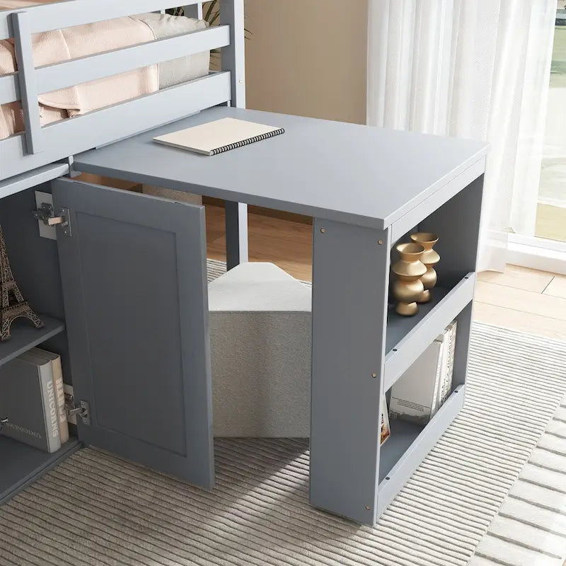 Twin Loft Bed with Pull-Out Desk, 2 Cabinets, 4 Drawers & Shelves