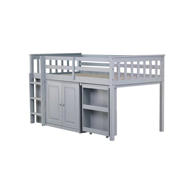 Twin Loft Bed with Pull-Out Desk, 2 Cabinets, 4 Drawers & Shelves