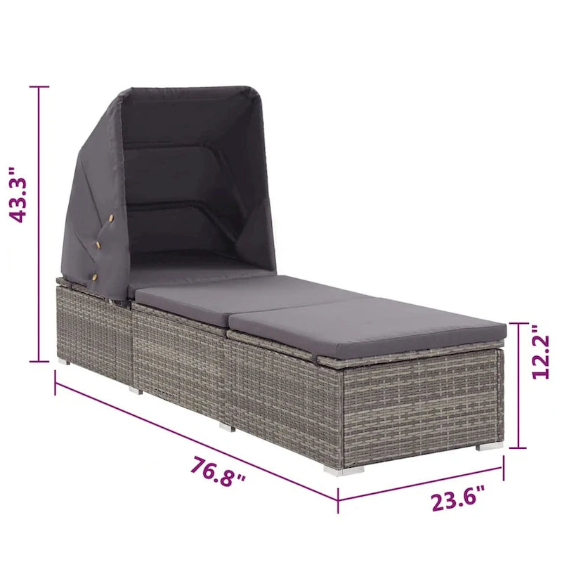 Casey Sun Chaise Lounger with Canopy, Cushion, Gray Rattan, 77 Inch