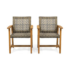 2pc Hampton Dining Chair Set Natural Stained Acacia Wood and PE Rattan Outdoor Patio Furniture 33in
