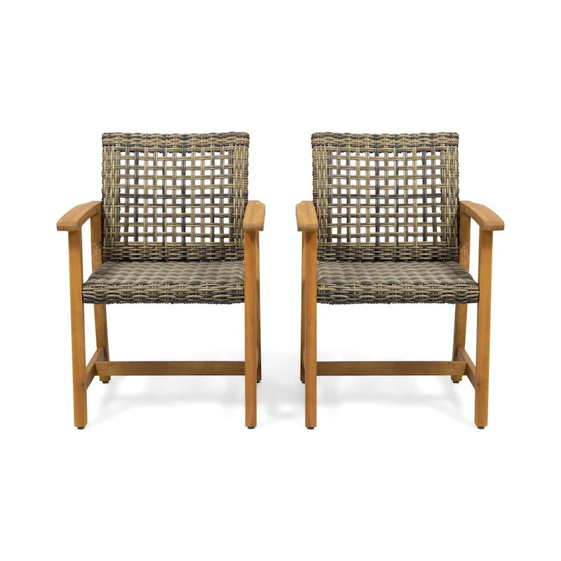 2pc Hampton Dining Chair Set Natural Stained Acacia Wood and PE Rattan Outdoor Patio Furniture 33in