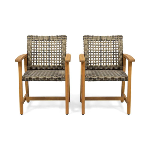 2pc Hampton Dining Chair Set Natural Stained Acacia Wood and PE Rattan Outdoor Patio Furniture 33in