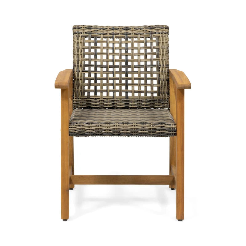 2pc Hampton Dining Chair Set Natural Stained Acacia Wood and PE Rattan Outdoor Patio Furniture 33in