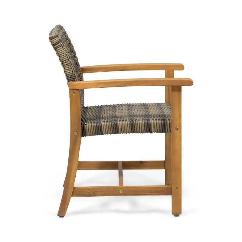 2pc Hampton Dining Chair Set Natural Stained Acacia Wood and PE Rattan Outdoor Patio Furniture 33in