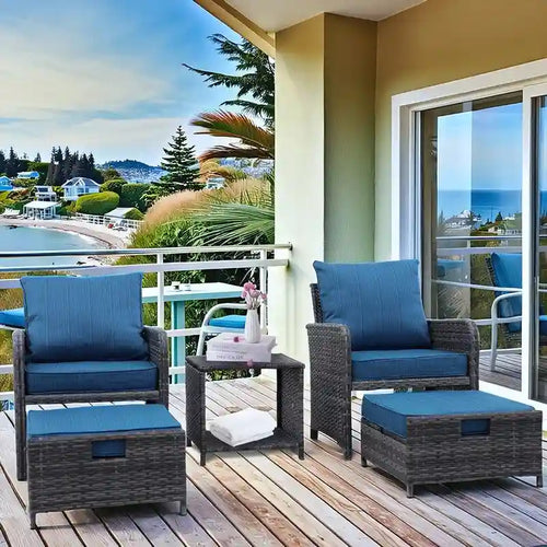 5-Piece Wicker Patio Set  Includes All-Weather Chairs With Ottomans & Coffee Table, Perfect For Poolside, Garden .
