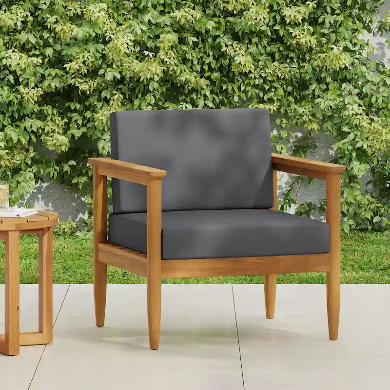 Gavin Club Chair Dark Grey Acacia Wood and Fabric Water-Resistant Outdoor Patio 29in Wide