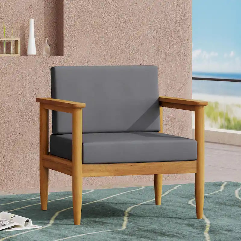 Gavin Club Chair Dark Grey Acacia Wood and Fabric Water-Resistant Outdoor Patio 29in Wide