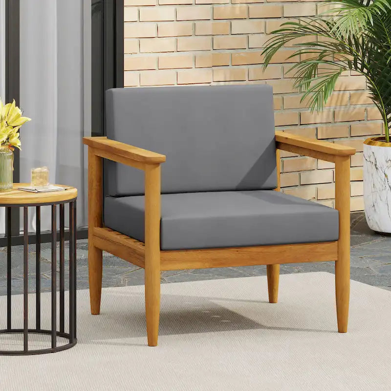 Gavin Club Chair Dark Grey Acacia Wood and Fabric Water-Resistant Outdoor Patio 29in Wide