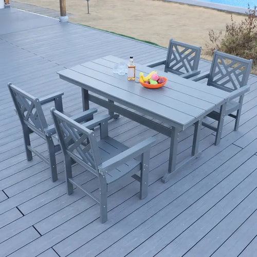 5 Piece Outdoor Dining Table and Chair Set, Garden Wooden Furniture Set, Rectangular Table with Umbrella Hole and 4 Chairs
